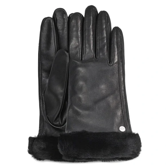 UGG Shorty Sheepskin Shearling-Cuff Black Leather Gloves Size Small - Picture 2 of 7